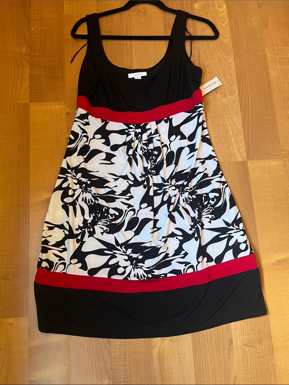 Dress Barn Black White Floral Tank Dress with Red Bands